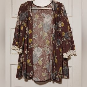Banabee Floral Kimono Cardigan Size 3X Lace Trim Boho Open Front